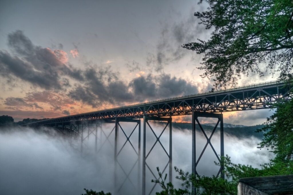 A view of a bridge in the fog