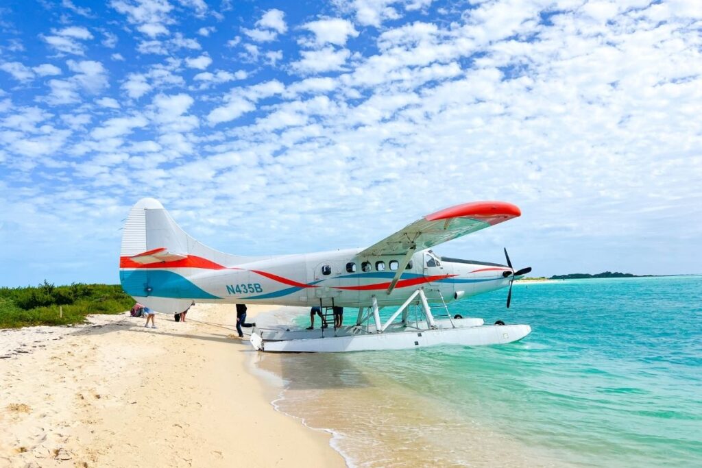 A seaplane on a white sand beach