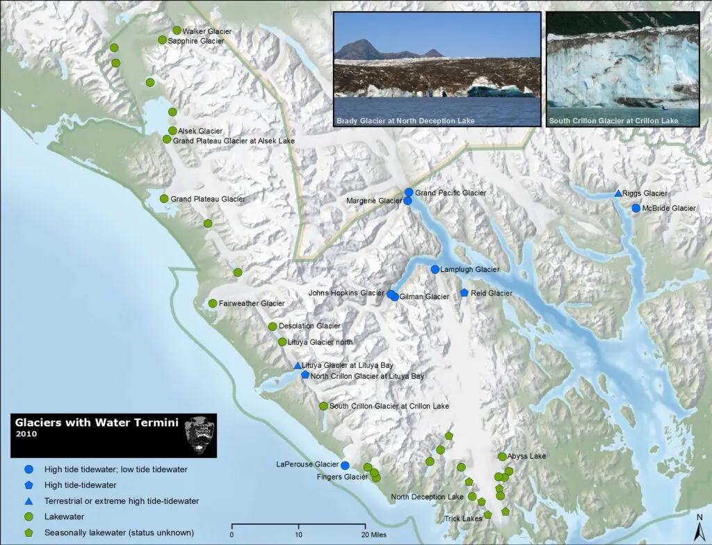 The location of all the major glaciers in Glacier Bay National Park and Preserve. 