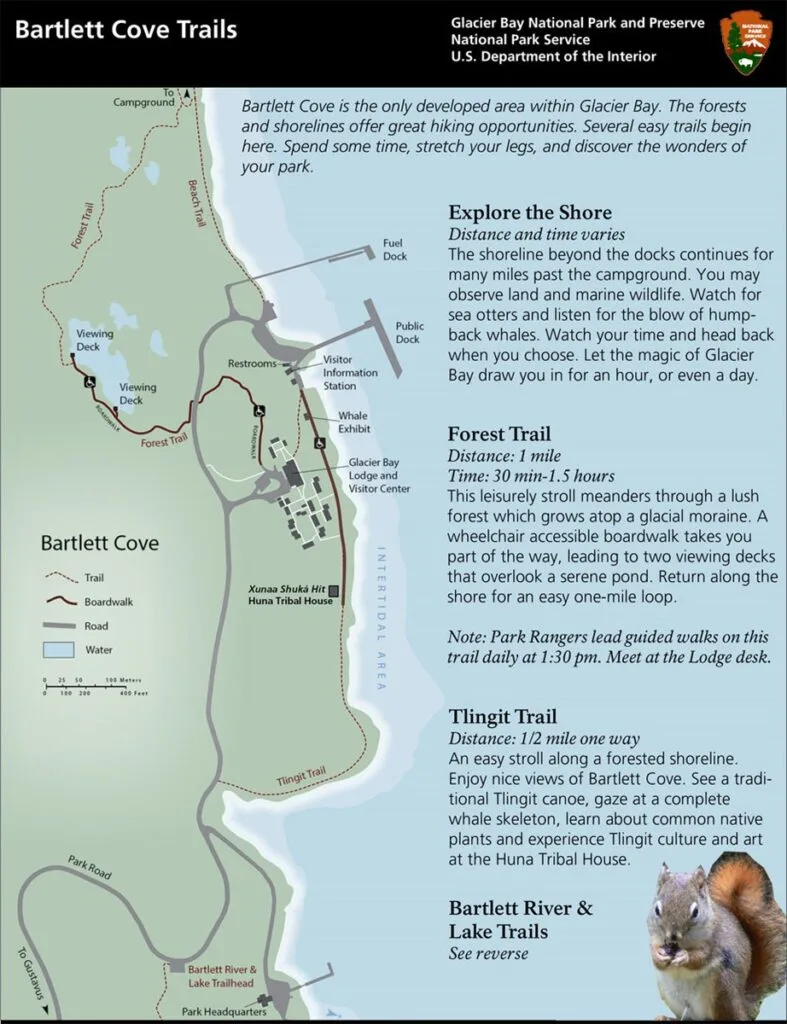 This map provides a basic overview of the hiking trails in Bartlett Cove. 