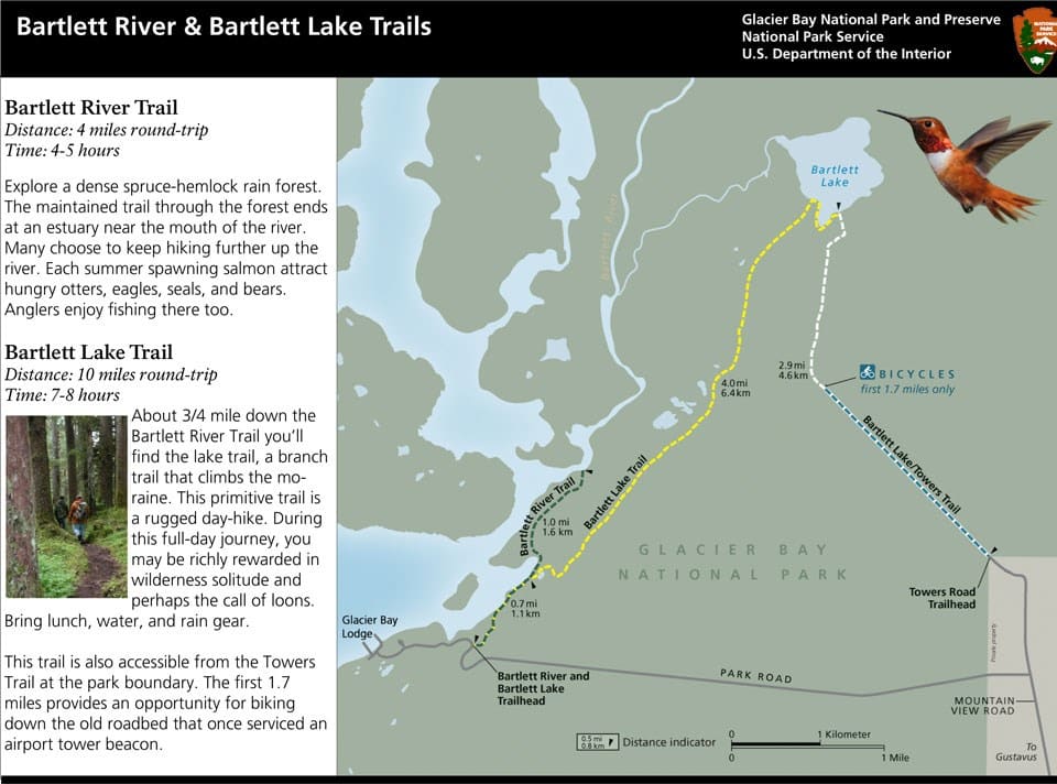 This map shows the routes of the Barlett River and Bartlett Lake trails. 