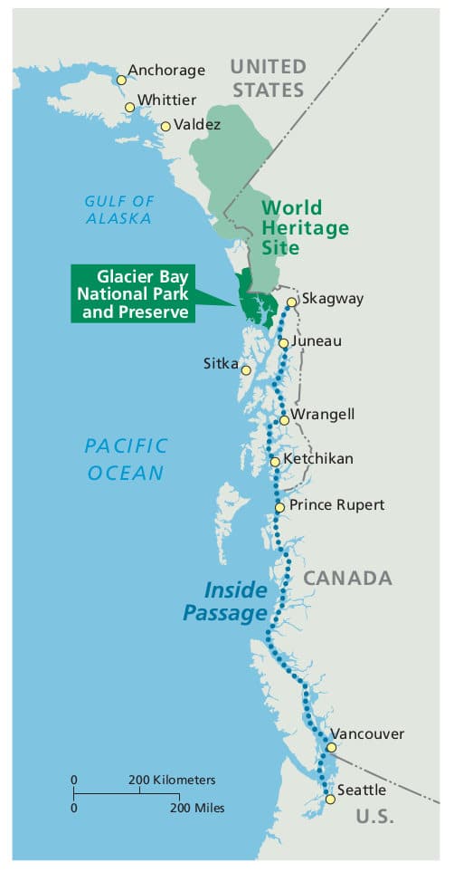 A view of the inside passage and Glacier Bay National Park and Preserve.