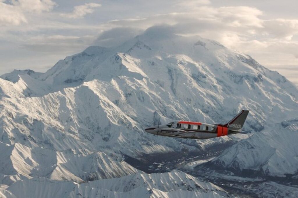 A plane in flight near Denali