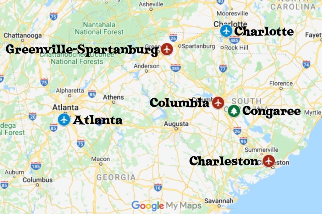 map of the airports near Congaree National Park