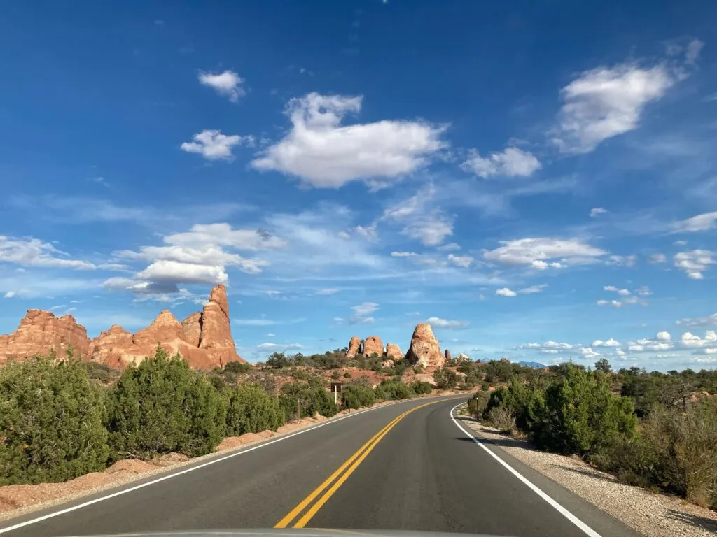 The park road as it head by some rock fins