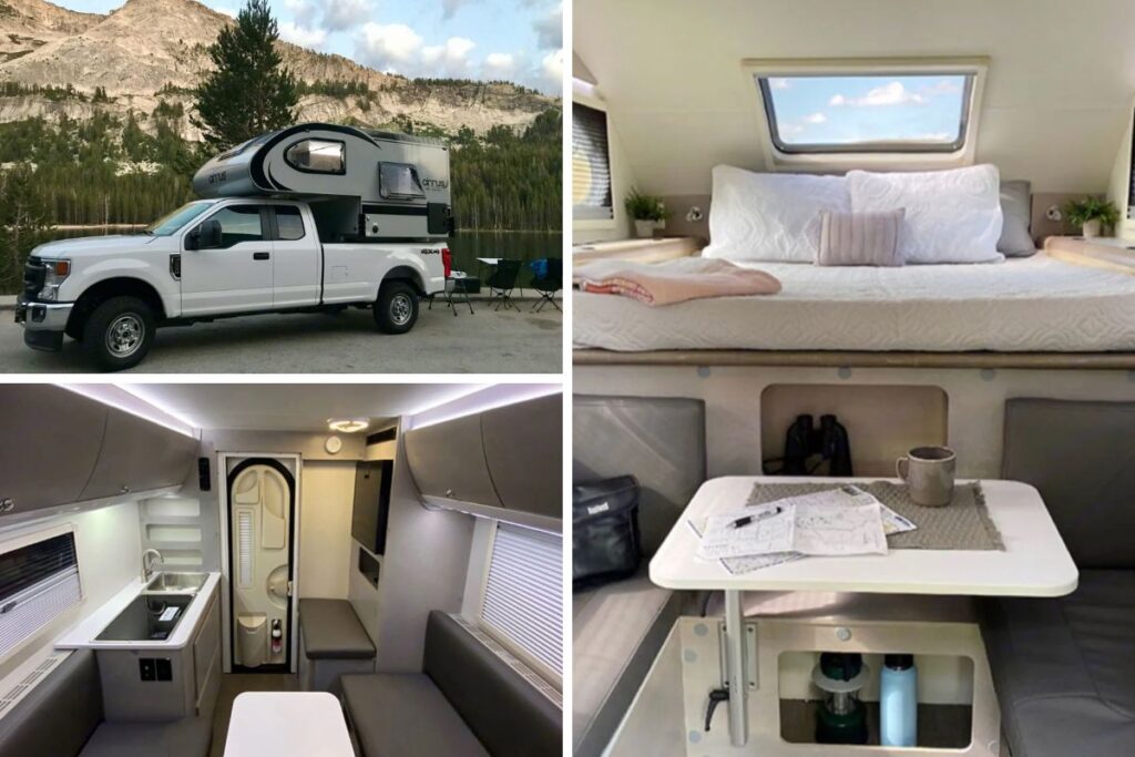 A collage of three images:
Image 1 is of white truck with the camper in the bed. 
Image 2 is of the sitting and living area.
Image 3 is of sleeping area.