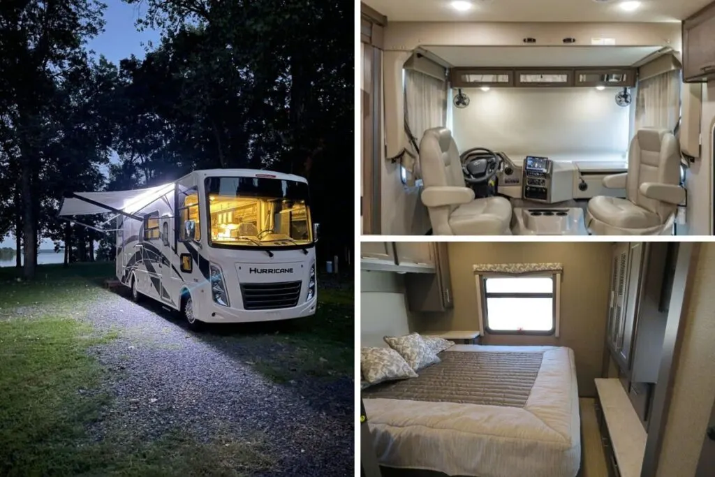 A collage of three images:
Image 1 is of the outside of a white class A RV.
Image 2 is of the driver seats.
Image 3 is of the sleeping area.