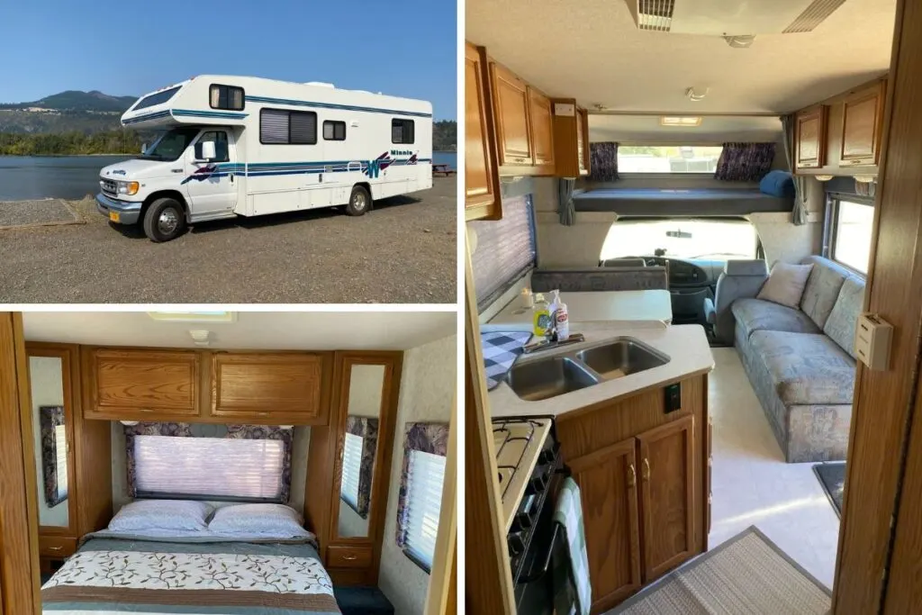 A collage of three images:
Image 1 is of white class C RV.
Image 2 is of the sleeping area.
Image 3 is of the living area.