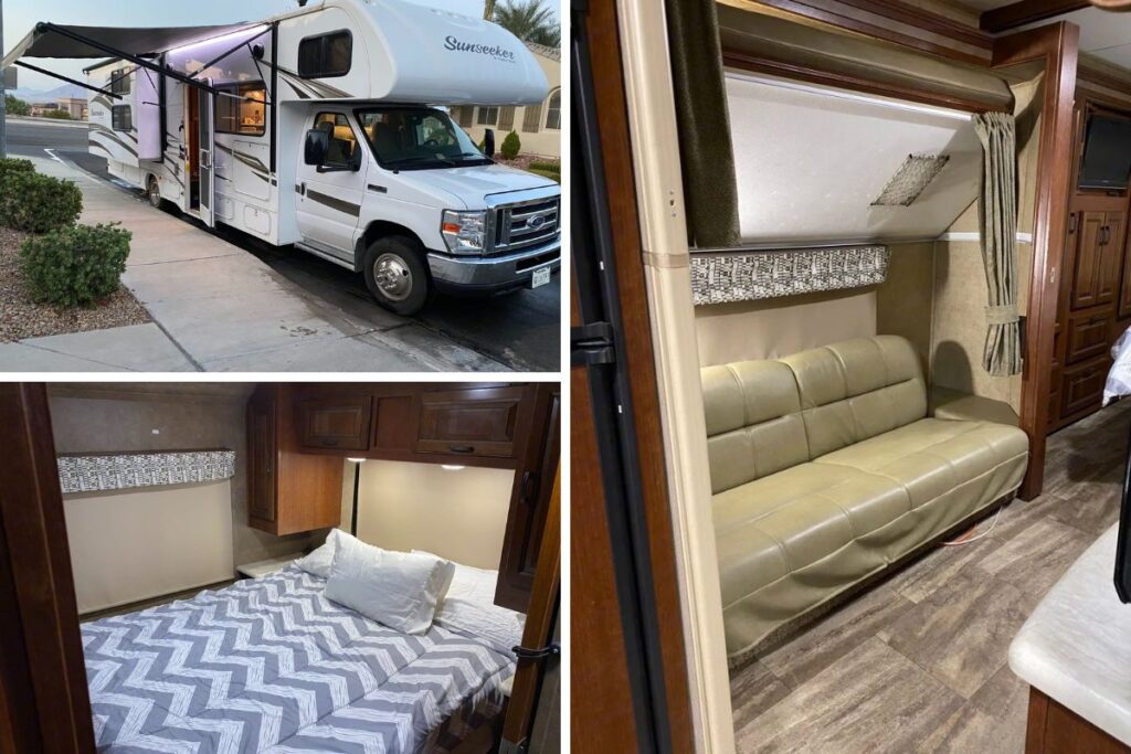 A collage of three images:
Image 1 is of White outside of the RV.
Image 2 is of the sleeping area.
Image 3 is of the slideout couch.