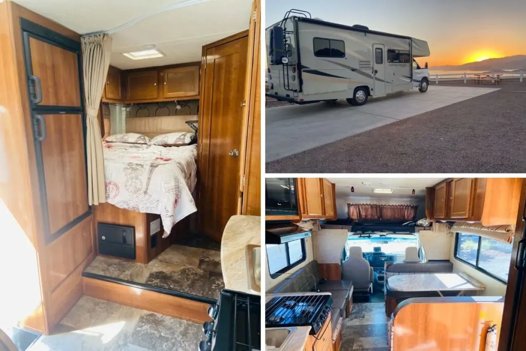 A collage of three images:
Image 1 is of the sleeping area.
Image 2 is of class C RV parked somewhere scenic,
Image 3 is of the kitchen and sitting area.