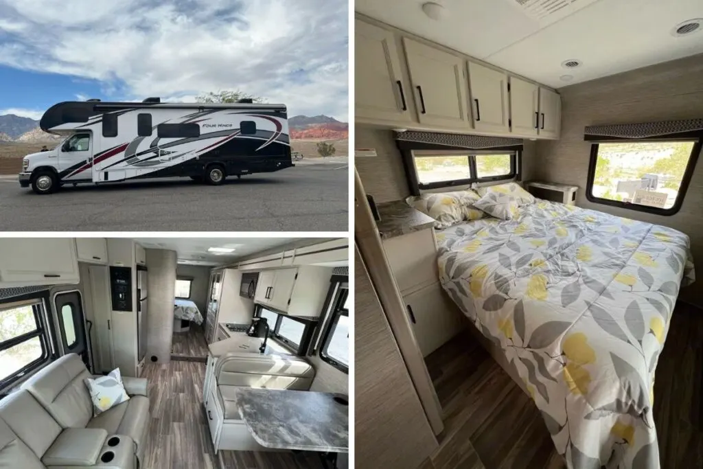 Three images. Image 1 is of a black and white class C RV, Image 2 is of the inside seating area of the RV.  Image 3 is of the RV's queen bed. 