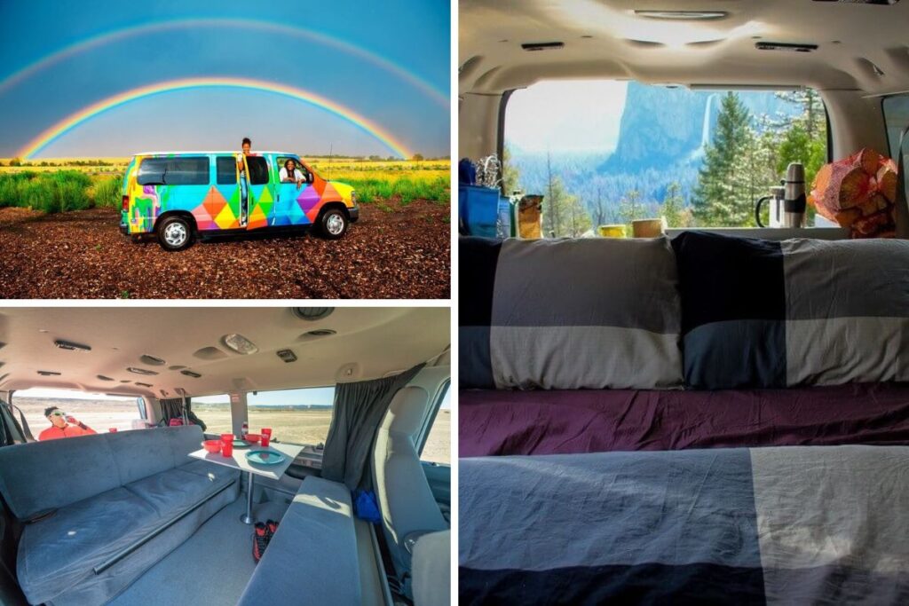 A collage of three images:
Image 1 is of two girls by a colorful van.
Image 2 is of the seating area in the van.
Image 3 is of of the sleeping area looking outside. 