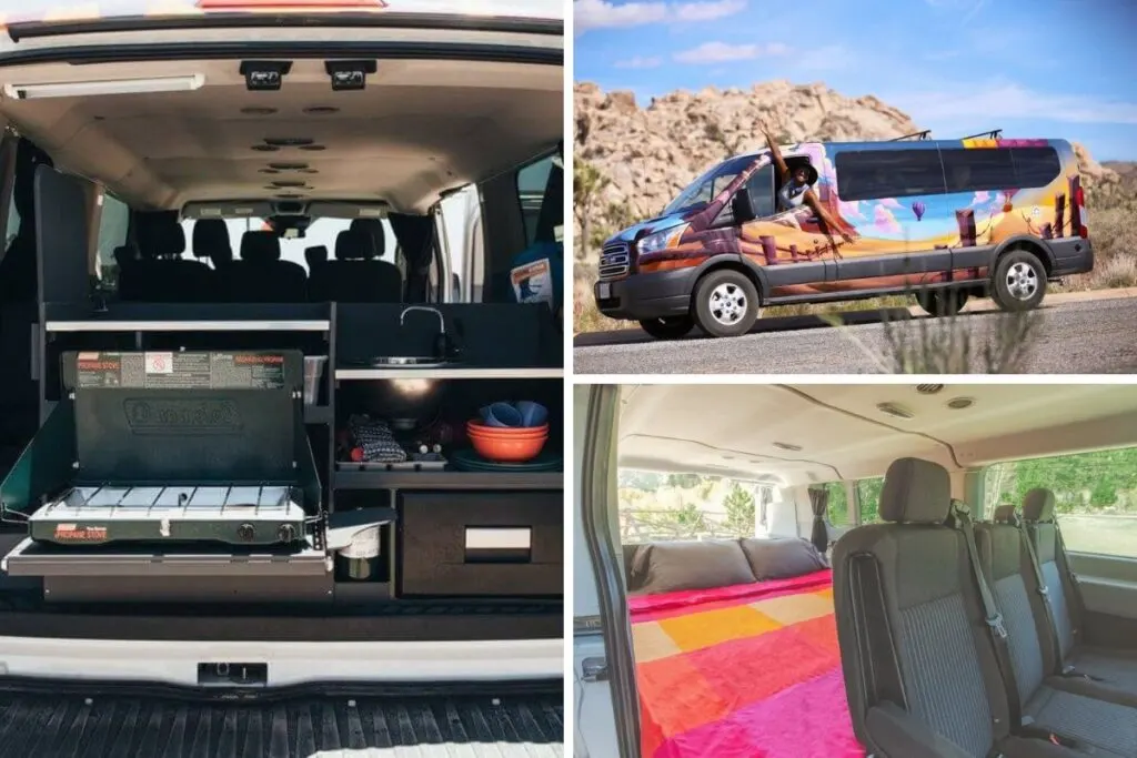 A collage of three images:
Image 1 is of the back kitchen area.
Image 2 is of the colorful outside of the van.
Image 3 is of the sleeping area and seats. 
