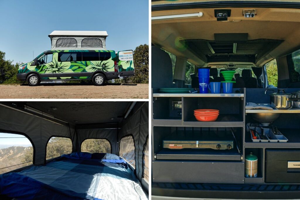 A collage of three images:
Image 1 is of a colorful van with a pop-up tent on top.
Image 2 is of the sleeping area in the tent.
Image 3 is of the kitchen area.