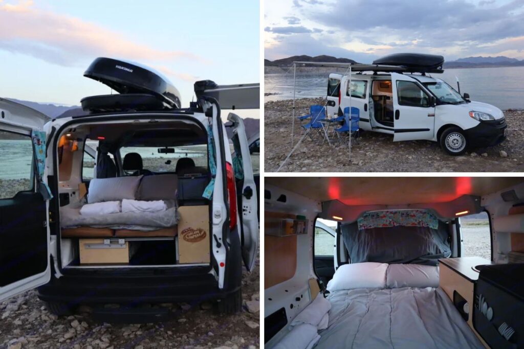 A collage of three images:
Image 1 is of the back of the van.
Image 2 is of the white exterior of the van.
Image 3 is of the sleeping area inside the van.
