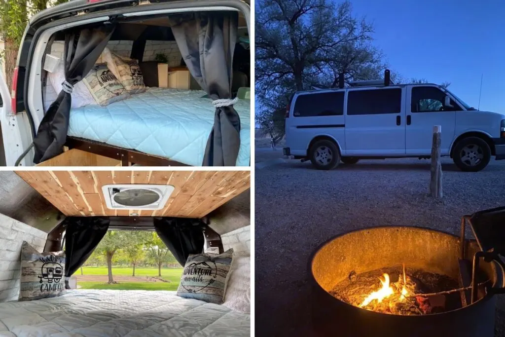 A collage of three images:
Image 1 is of back sleeping area.
Image 2 is of the sleeping area looking out of the van.
Image 3 is of of a fire in front of a white can.