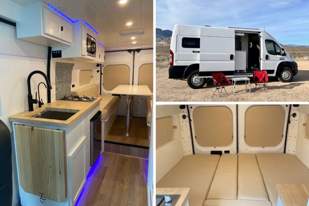 A collage of three images:
Image 1 is of the kitchen and dining area.
Image 2 is of the sleeping area.
Image 3 is of of the outside of the van.