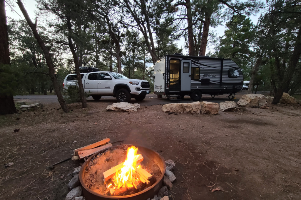 A cozy campfire at a campground of the South Rim of Grand Canyon National Park.