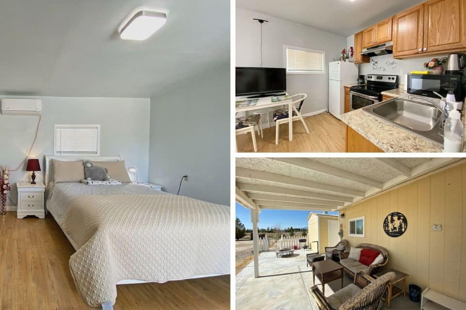 Image montage of a rental space showing a cozy bedroom with a window, a kitchen with wood cabinetry and modern appliances, and a covered outdoor seating area with comfortable wicker furniture.