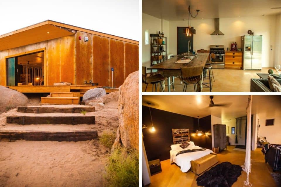 A composite image showcasing a desert vacation rental with a rustic-modern kitchen, an exterior view framed by boulders, and a bedroom with ambient lighting and chic decor.