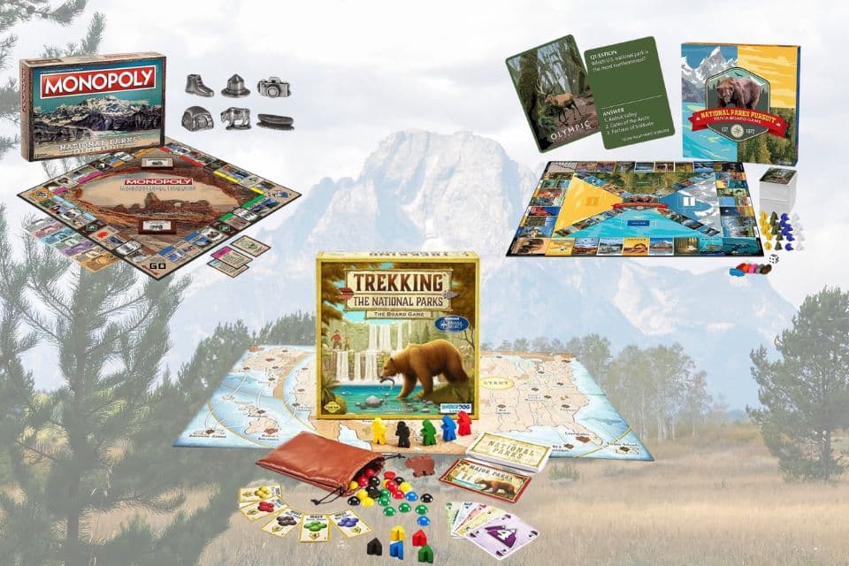 Collage of National Parks board games, including Monopoly and Trekking the National Parks, with scenic mountain backdrop.