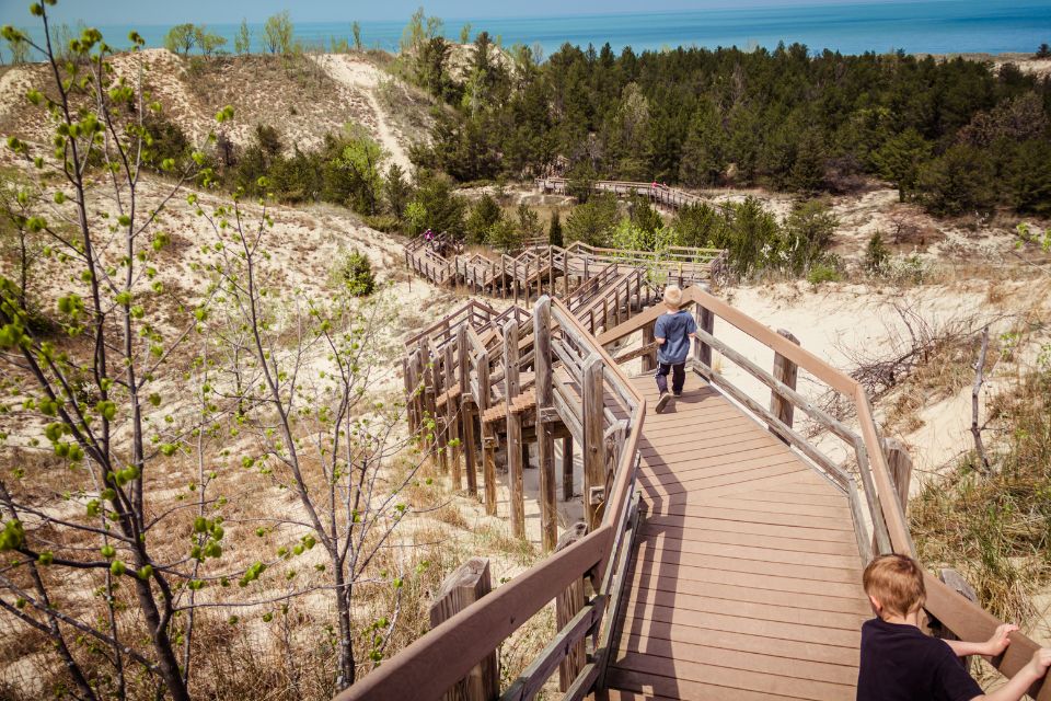 Two little boys walks down a wooden staircase that is located in the scrubs and dunes of Indiana Dunes National Park. 