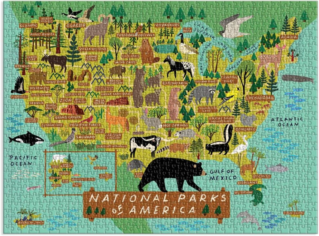 A completed jigsaw puzzle depicting a map of the United States with illustrations of native wildlife and national parks overlaid, each piece representing a different region or park, detailed in a vibrant and educational style.