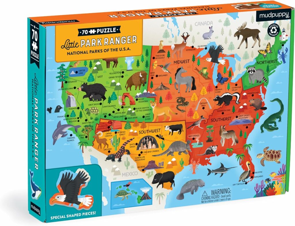 A jigsaw puzzle featuring illustrations of 63 American National Parks, each puzzle piece showing a different park with a unique design, on a backdrop of neutral tones, assembled to reveal a collective vintage poster aesthetic.