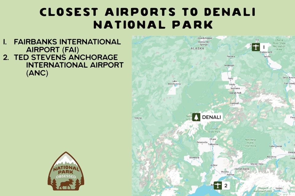 Informational graphic highlighting the closest airports to Denali National Park: Fairbanks International Airport (FAI) and Ted Stevens Anchorage International Airport (ANC), with a numbered map of Alaska showing their locations relative to Denali National Park.