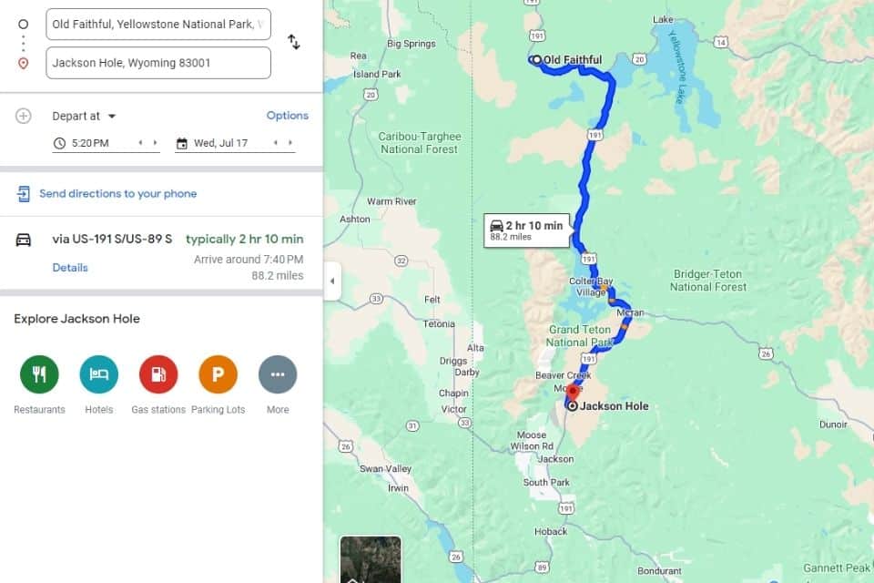 Google Maps interface showcasing a route from Old Faithful to Jackson Hole with options for exploring local amenities like restaurants and parking, placed over a light terrain map.