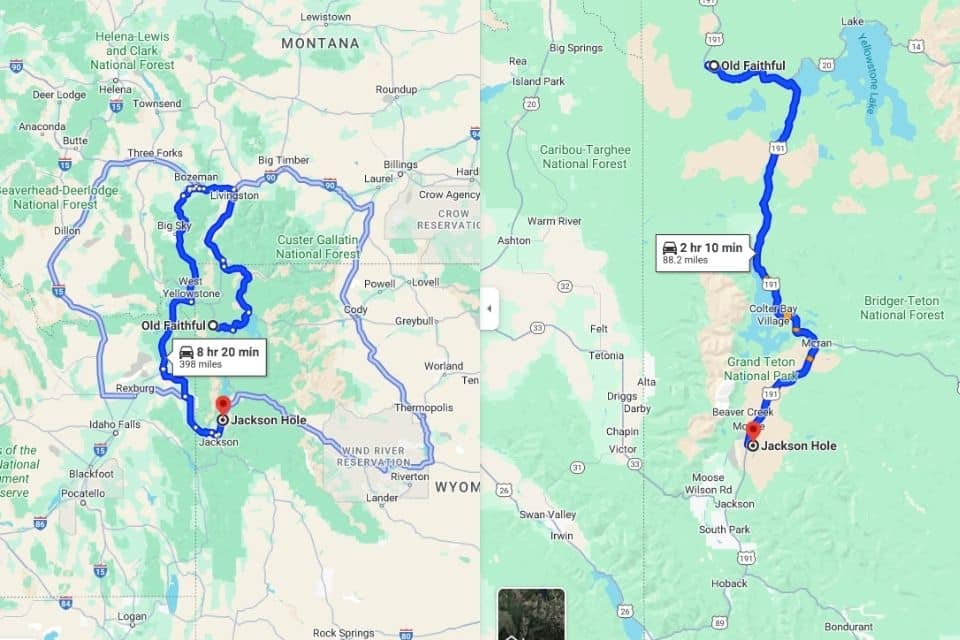 Screenshot of Google Maps showing a side-by-side comparison of a standard map and a terrain map for a route from Jackson Hole to Old Faithful, with travel times and road closures highlighted.