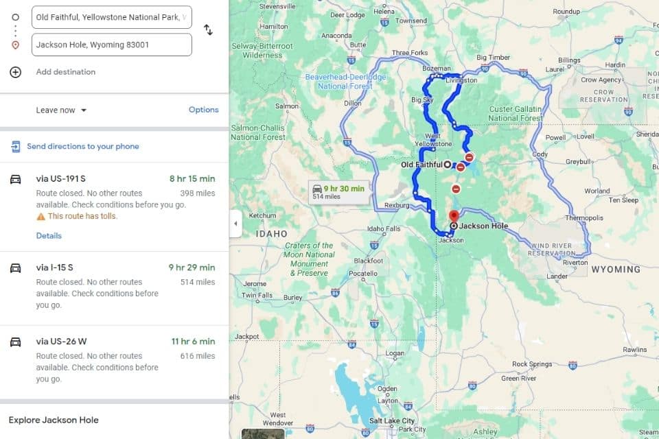 Screenshot of Google Maps showing a route from Old Faithful to Jackson Hole, Wyoming, with the travel time of 8 hours and 15 minutes for 398 miles, alongside alternative routes and a notice for a route closure.