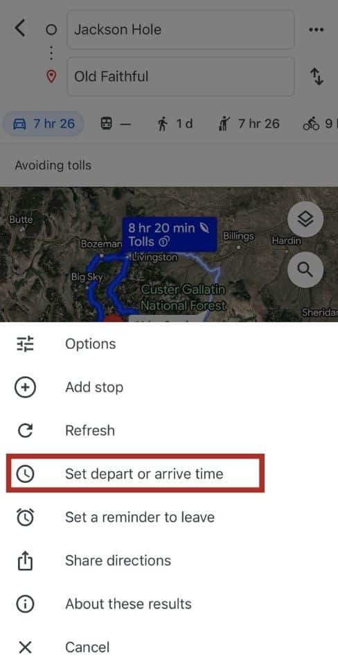 Interactive Google Maps screenshot showing an options menu for a planned route, with the highlighted feature to 'Set depart or arrive time' for better travel planning.