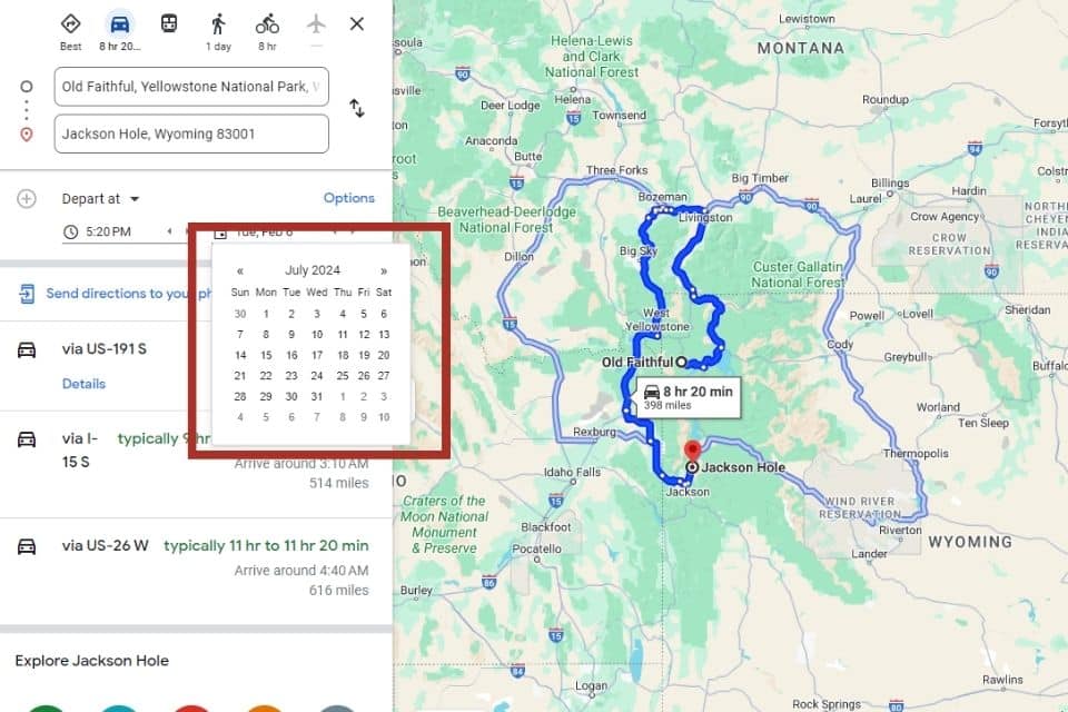 Google Maps itinerary showing a route from Old Faithful to Jackson Hole with a calendar view open to select a date, highlighted on 'July 2024' for setting a departure or arrival time.