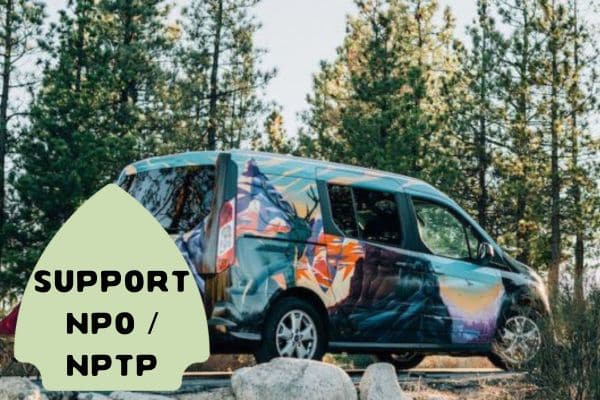 a colorfully painted van parked in a forest setting, with the vehicle's exterior featuring a vibrant, abstract design that blends into the natural surroundings.