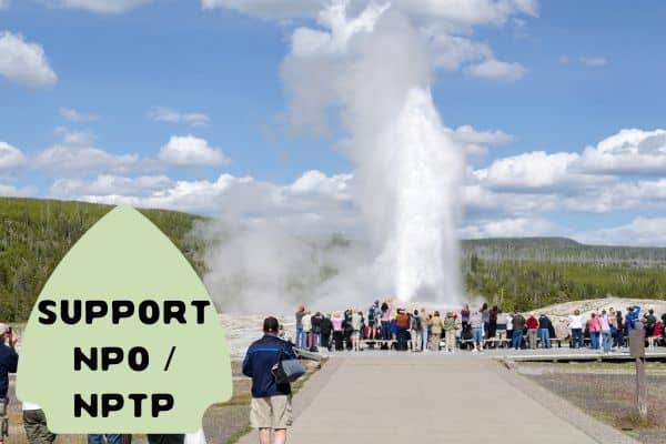 The second image shows a large group of visitors gathered around the famous geyser Old Faithful in Yellowstone National Park as it erupts, sending a high jet of steam and water into the air. The scene captures the awe and excitement of nature's spectacle, enjoyed by tourists from various viewpoints.