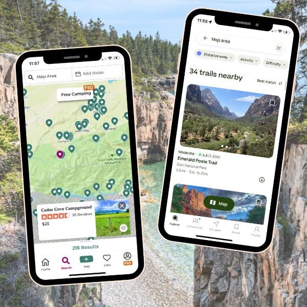 This image features two smartphones against a scenic outdoor backdrop, each displaying a different screen of a hiking and camping app. The left phone shows a map view with various campground locations marked, including Cades Cove Campground highlighted with pricing and review information. The right phone displays a list of nearby hiking trails, specifically highlighting the Emerald Pools Trail in Zion National Park, complete with a trail photo, rating, distance, and elevation gain.