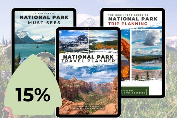 The image displays three travel guide covers, each featuring vibrant photographs of national parks, designed to entice and inform potential visitors about must-see locations within the U.S. National Parks. The titles include "United States National Park Must Sees," "National Park Travel Planner," and "The Beginner's Guide to National Park Trip Planning," each highlighting different aspects of exploring these natural wonders.