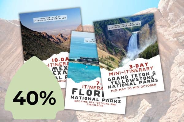 The image features a collage of three guidebooks with scenic images of national parks on their covers, aimed at travelers planning trips to these natural areas. The titles visible are "10-Day Itinerary: American Southwest," "Itinerary: Florida National Parks," and "3-Day Mini-Itinerary: Grand Teton & Yellowstone." Each book cover displays beautiful landscapes from the respective parks, highlighting the diverse environments found in U.S. national parks.