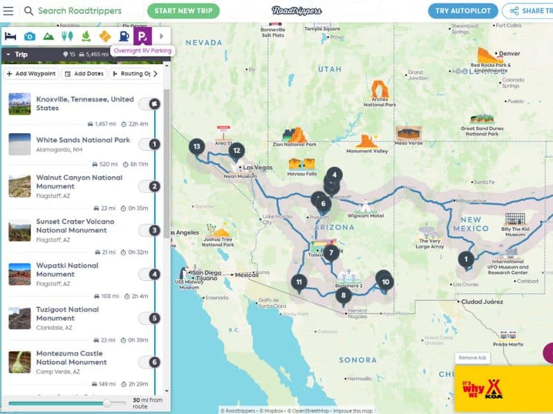 The image showcases a road trip itinerary map with multiple waypoints across Arizona, Utah, Nevada, and New Mexico, highlighting national parks and tourist attractions.