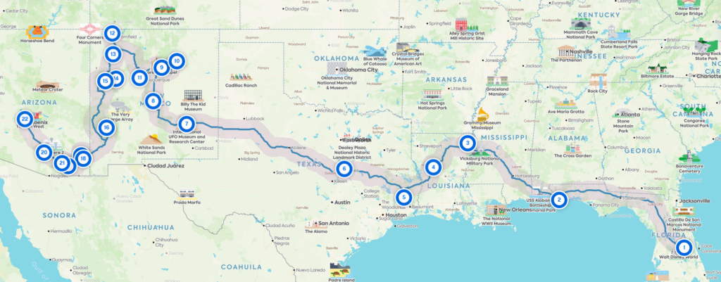 This image shows a detailed road trip map across the southern United States, with a route marked from the Florida Panhandle (starting point near Gulf Islands National Seashore) to Arizona. 