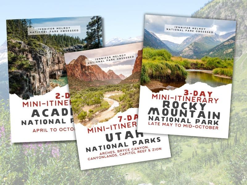 Three mini-itinerary covers for national parks by Jennifer Melroy. The covers include Acadia National Park for 2 days, Utah National Parks for 7 days, and Rocky Mountain National Park for 3 days.