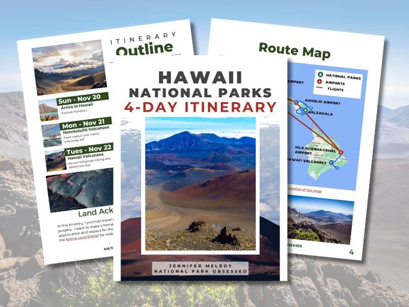 Hawaii National Parks 4-day itinerary by Jennifer Melroy, featuring a photo of a volcanic landscape and including an itinerary outline and route map