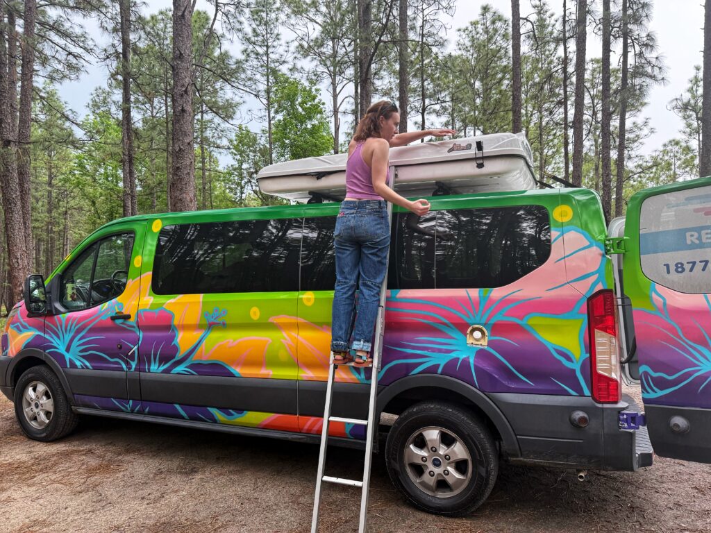 A woman stands on a ladder beside a brightly painted camper van, opening or closing a white rooftop cargo box. The van features a vivid tropical floral design in pink, purple, green, and yellow, and is parked among tall pine trees in a forested campsite.