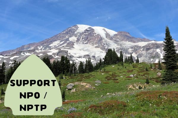 A scenic view of a grassy meadow with wildflowers, leading to a mountain with snow patches under a clear blue sky, with text "Support NPO / NPTP" in a green badge on the left side.