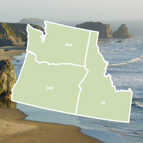 map showing the states of Washington (WA), Oregon (OR), and Idaho (ID) in green, overlaid on a coastal background with cliffs and ocean waves.