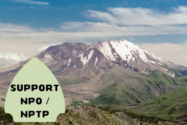 A scenic view of a mountain with patches of snow, featuring a sign in the foreground that reads "SUPPORT NPO / NPTP" on a green, arrow-shaped background. The image highlights the importance of supporting national park organizations.