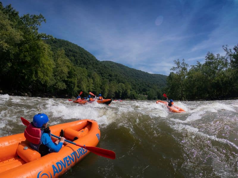 Several orange rafts in a river, battling waves with a forested hillside in the background. 