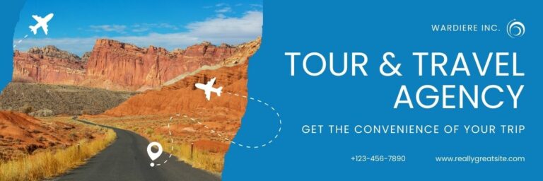 Tour and Travel Agency banner featuring a road leading through a desert landscape with red cliffs and clear blue sky. Text reads 'WARDIERE INC.' and 'Tour & Travel Agency. Get the convenience of your trip.' Contact details and website are provided.