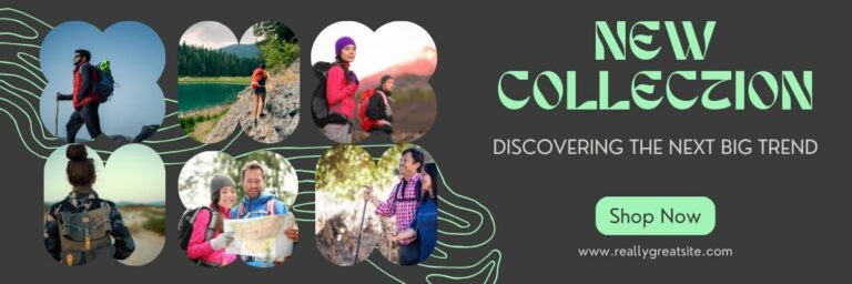 New Collection advertisement showcasing various people hiking and exploring nature. Text reads 'New Collection. Discovering the next big trend.' and 'Shop Now'. Website link provided.